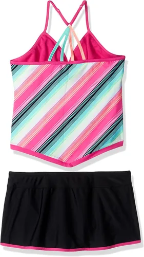 Vista 2 de Free Country Tankini a rayas para niña con correas traseras y braga inferior