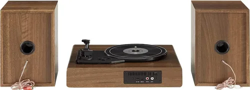 Vista 2 de Crosley CR7019A-WA Alto Sistema de estante giratorio de 3 velocidades con Bluetooth, radio FM y altavoces estéreo a juego, nogal