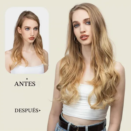 Vista 4 de SARLA Extensiones de cabello sintético con clip, parte en U, largo, ondulado, rizado, grueso, de cabeza completa, para mujer, rubio playa, 24 Playa