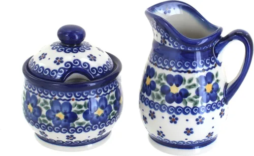 Vista 11 de Set de crema y azúcar de flor de manzana y cerámica polaca de rosa azul