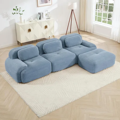 Vista 93 de Sofá moderno comprimido sin armazón de 116", sofás seccionales de 3 plazas para sala de estar, sofá seccional modular de pana verde nube, espuma