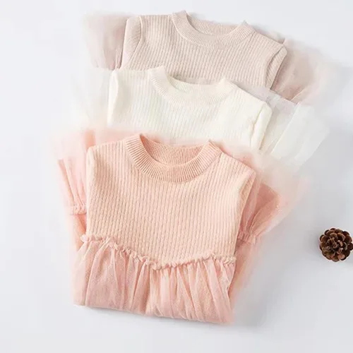 Vista 2 de Ropa de vestir de princesa de punto para otoño e invierno de manga larga de tul sólido para niñas de 1 a 5 años rosa 2 a 3 años