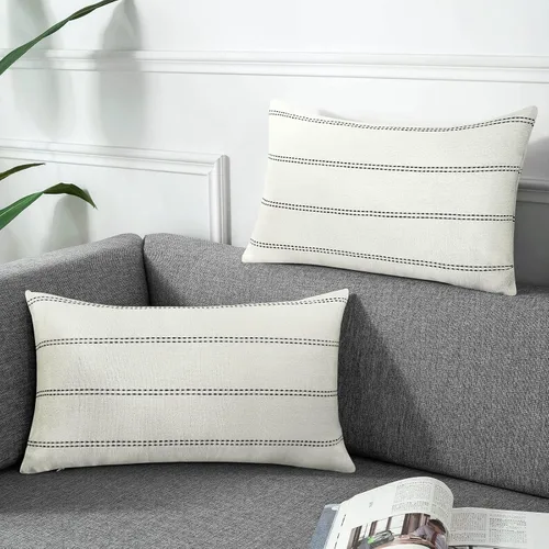 Vista 22 de AmHoo - Juego de 2 fundas de almohada decorativas para casa de campo, a rayas y a cuadros, juego de fundas de almohada de algodón y lino para sofá