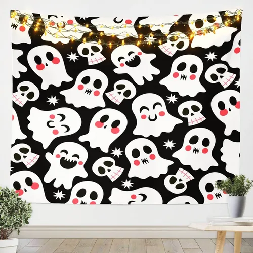 Vista 14 de Feelyou Halloween Wall Art for Bedroom Living Room Cartoon Ghost Tapestry Decoration for Kids Boys Girls Red Tapestry Wall Hanging Ghost Festival