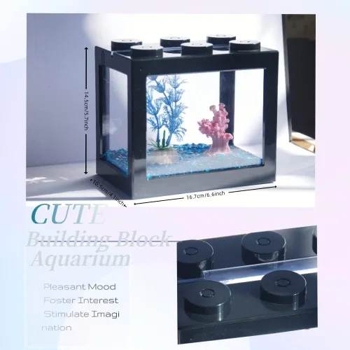 Vista 4 de Pequeño tanque de peces Betta, mini tanque apilable de pecera, kit de tanque de acuario rectangular de 3/5 galones con decoración de grava