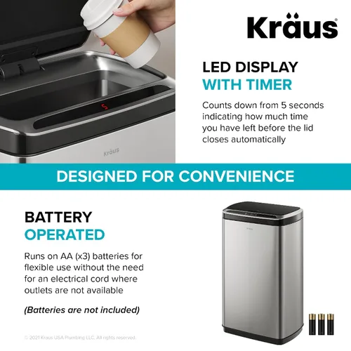 Vista 7 de Kraus GarbagePro Bote de basura rectangular de 13 galones manos libres con sensor de movimiento operado por batería en acabado negro mate con tapa