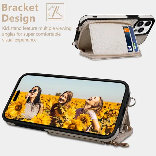 Vista 5 de Funda compatible con iPhone 15 Pro Max de 6.7 pulgadas, cremallera cruzada con ranuras para tarjetas de bloqueo RFID, soporte, cordón y correa