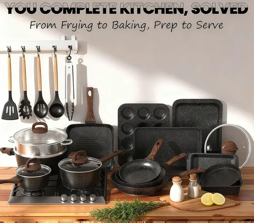 Vista 3 de Juego de ollas y sartenes antiadherentes, juego de 31 piezas para cocina de inducción y para hornear, juego de ollas y sartenes antiadherentes