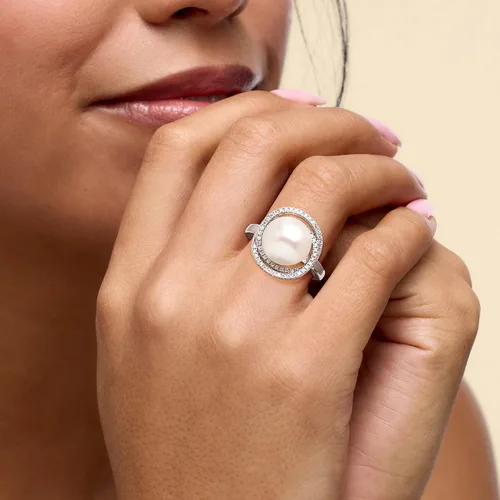 Vista 2 de Ross-Simons Italian 12mm Cultured Pearl and .70 ct. t.w. CZ Ring in Sterling Silver