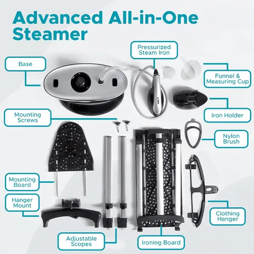 Vista 4 de Steam & Go - Vaporizador y plancha todo en uno, vaporizador a presión para ropa con tabla de planchar y colgador de ropa, vaporizador de tela