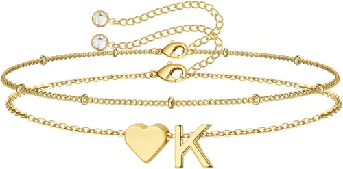 Vista 23 de M MOOHAM Pulseras de oro con inicial de corazón para mujer, pulseras con dije de letra A-Z de corazón dorado en capas para mujer, pulseras