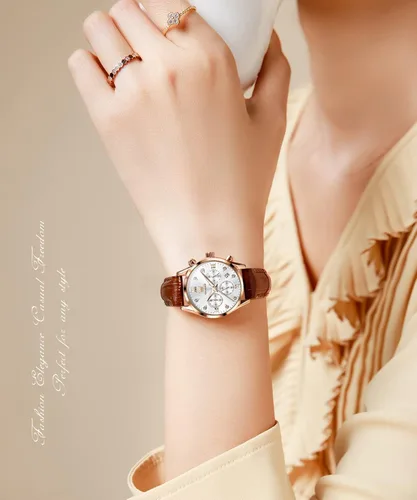 Vista 3 de OLEVS Relojes de cuero para mujer, correas marrones, vestido casual, cronógrafo, relojes de pulsera de cuarzo analógico de oro rosa, resistente al