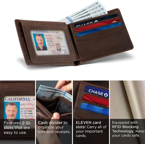 Vista 15 de SERMAN BRANDS Billetera de piel con 2 ventanas de identificación para hombre, con bloqueo RFID, doble tapa superior, billetera de viaje de capacidad