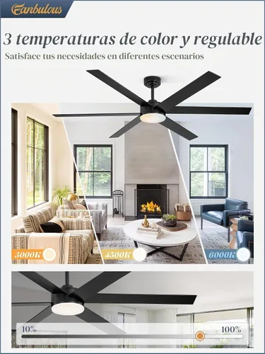Vista 2 de Fanbulous Ventiladores de techo de 66 pulgadas con luces y control remoto, 6 aspas reversibles, regulable, 3000K-6000K ajustable, ventiladores