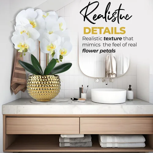 Vista 5 de Orquídeas artificiales grandes, orquídeas artificiales blancas de 17 pulgadas con maceta dorada para decoración de sala de estar, planta de orquídea