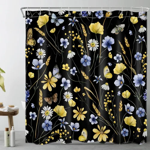 Vista 8 de EOBTAIN Nature - Cortina de ducha con flores silvestres para baño, cortina de ducha amarilla floral y mariposa sobre negro, con 10 ganchos, juego