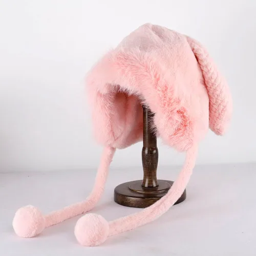Vista 2 de Fauxfur Y2k - Gorro de conejo para mujer, gorro de invierno cálido con diseño de calavera y pompón, sombrero holgado