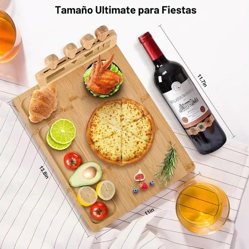 Vista 2 de Juego de tabla de queso de bambú y cuchillos, juego de tablas grandes de charcutería de 14 x 11 pulgadas, bandeja de queso con soporte