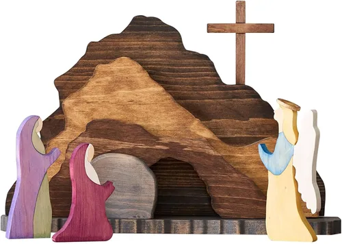 Vista 7 de IoF Adorno de escena de resurrección de Pascua, decoración de Pascua religiosa de madera, figuras de tumba vacía cristiana de madera, juego