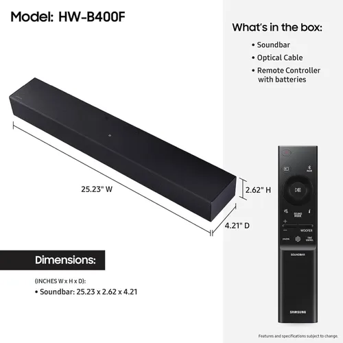 Vista 3 de Samsung Serie S HW-400F 2.0ch con woofer incorporado, mejora de voz y modo nocturno, expansión de sonido envolvente, sonido adaptativo, películas