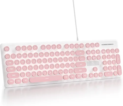 Vista 13 de Teclado de máquina de escribir retro con cable, teclado silencioso de computadora iluminado con 104 teclas redondas de tamaño completo, Azul