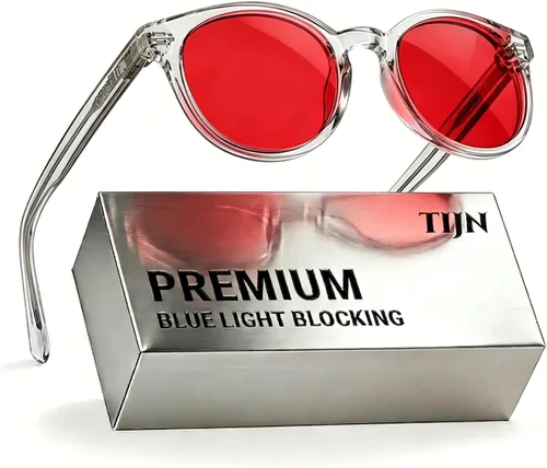 Vista 13 de TIJN Blue Light Blocking Glasses Men Women,Vintage Round Frame Eyeglasses Flexible Lightweight Frames,Red Orange Clear Lens for Computer Gaming