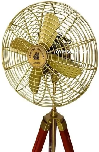 Vista 8 de Ventilador eléctrico con cable hecho a mano de latón antiguo estilo vintage con soporte de trípode ajustable de madera, diseño retro, coleccionable