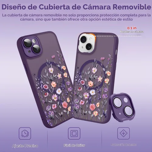 Vista 3 de Magnético para iPhone 13 con protector de pantalla [Compatible con MagSafe] Diseño de patrón floral de flores bonitas, funda delgada a prueba
