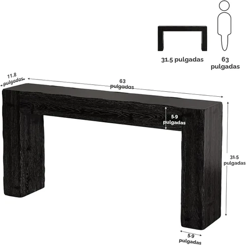 Vista 2 de Mesa Consola de Madera Maciza, Mesa de Sofá Estilo Granja de 63 Pulgadas Detrás del Sofá para Entrada, Sala de Estar, Vestíbulo, Fácil Montaje Negro