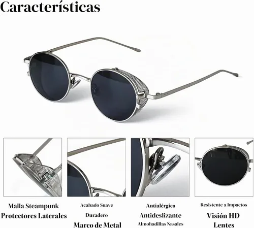 Vista 4 de Technigadgets Gafas de sol redondas de metal vintage para hombres y mujeres con escudos laterales, gafas de sol Scott estilo gótico retro