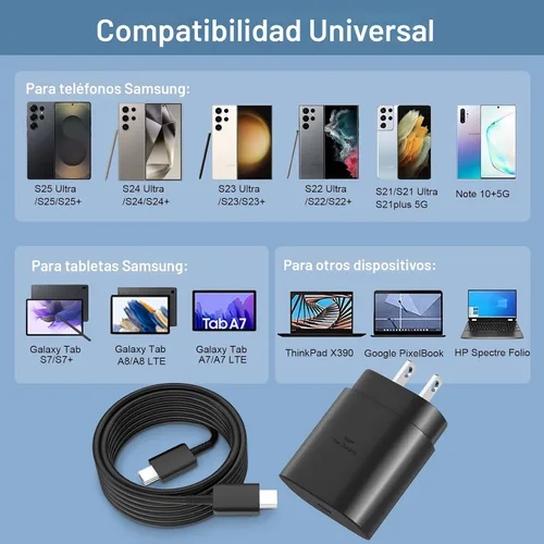Vista 5 de Cargador súper rápido tipo C, bloque de cargador de pared rápido USB C de 25 W y cable de carga rápida súper largo de 8 pies para Samsung Galaxy