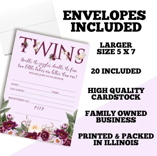 Vista 2 de AmandaCreation - Invitaciones florales de peonía morada para baby shower para gemelos, 20 tarjetas de relleno de 5 x 7 pulgadas con veinte sobres