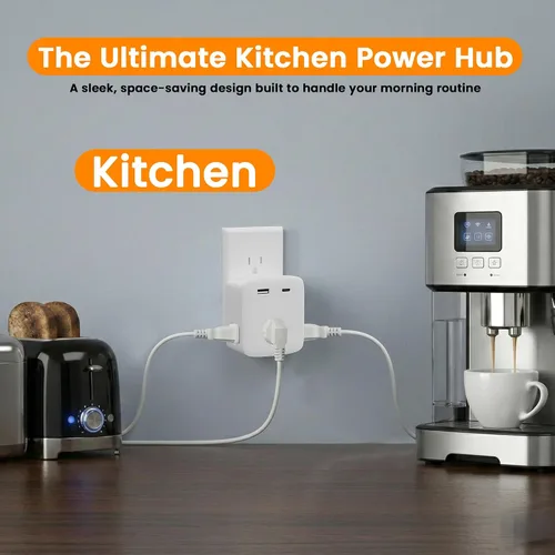 Vista 5 de Extensor de toma de corriente múltiple, 3 salidas de CA con 2 puertos de carga USB (1 USB-C/1 USB-A), regleta de alimentación de 3 lados con labio