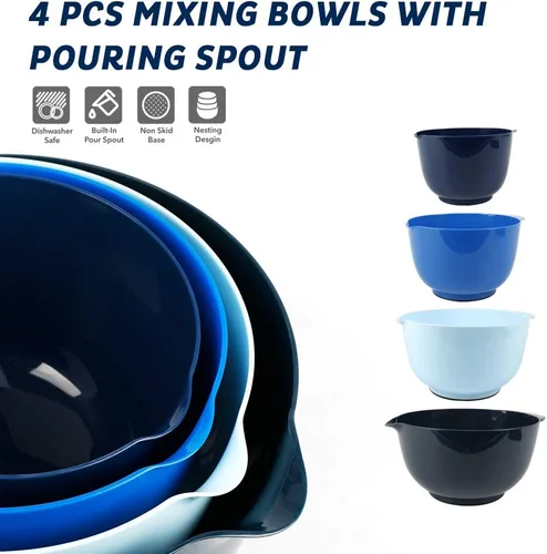 Vista 4 de BoxedHome Juego de cuencos de plástico anidables con boquilla de vertido, apto para microondas y lavavajillas, base antideslizante sin BPA, juego