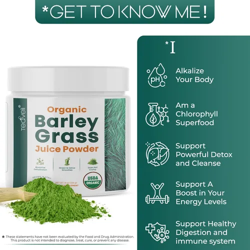 Vista 3 de Teaveli Paquete de cápsulas de Spirulina Chlorella y jugo de hierba de cebada en polvo