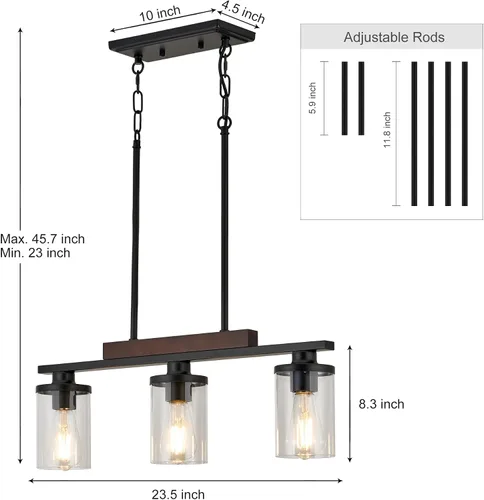 Vista 2 de Lámpara de Isla de Madera para Cocina/Restaurante, Accesorio de Comedor Estilo Granja de 3 Luces/Candelabro Sobre Mesa/Bar, Accesorios