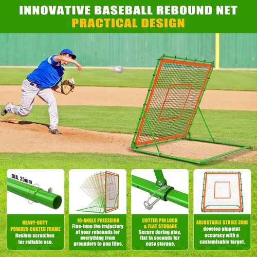 Vista 6 de KingDolly Heavy-Duty Baseball Rebounder Net 4x4.5FT, Foldable Design, Pitch Back Net with 10 Adjustable Angles for Solo Practice, Baseball Bounce