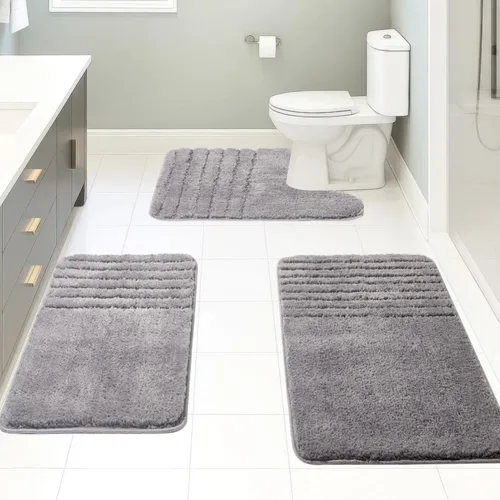 Vista 19 de Juego de 3 alfombras de baño suaves y absorbentes, peludas, suaves, antideslizantes, para ducha, bañera y bañera, lavables a máquina