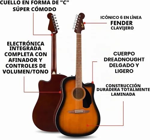 Vista 2 de Fender California Debut Redondo CE Series Guitarra Acústica Principiante 2-Tone Sunburst