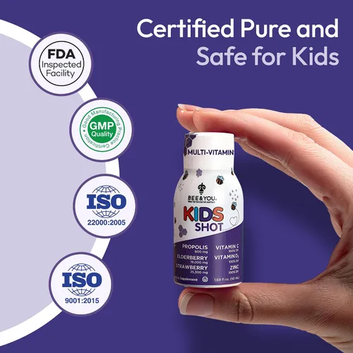 Vista 7 de Suplemento de apoyo inmunológico para niños BEE and You, propóleos 100% natural, vitamina C, saúco, miel cruda, antioxidantes, alternativa a
