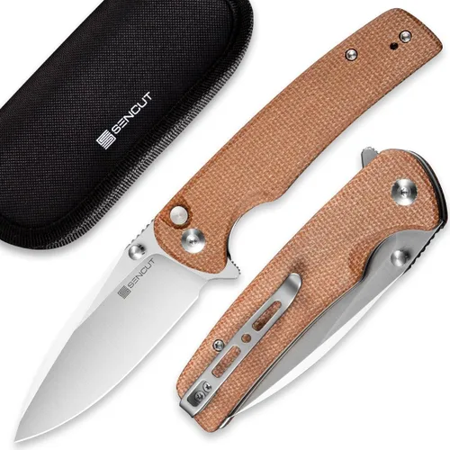 Vista 4 de SENCUT Cuchillo de bolsillo plegable Sachse para EDC, mango de madera Micarta verde, hoja de 9Cr18MoV, cuchillo plegable con clip, bloqueo de botón