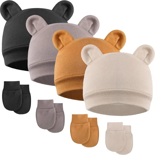 Vista 19 de DRESHOW Gorro de recién nacido con orejas de oso y manoplas, conjuntos de gorro de algodón para prematuros, gorro de bebé para niño y niña, gorro