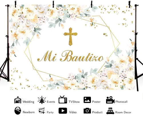 Vista 2 de AIBIIN Telón de fondo Mi Bautizo de 7 x 5 pies para niña, diseño floral amarillo y blanco, para fotografía de bautismo, puntos dorados