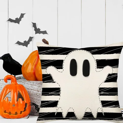 Vista 3 de Funda de almohada de fantasma de Halloween de 16 x 16 pulgadas, rayas blancas y negras con espeluznantes fundas de almohada de lino y algodón