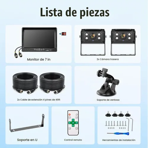 Vista 8 de Sistema de cámara de respaldo con 2 cables de 7 pulgadas, cámara de visión trasera DVR de doble pantalla, IP69 impermeable visión nocturna IR, 20G a