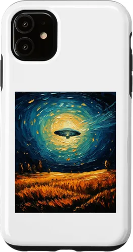 Vista 5 de iPhone 14 Funny paint Alien UFO Lover Starry Night Alien UFO Van Gogh Case