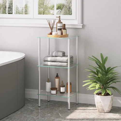 Vista 5 de HOOBRO Estante de cristal, unidad de estante de pie de baño de 3 niveles, estante de vidrio templado para espacio pequeño, organizador de soporte