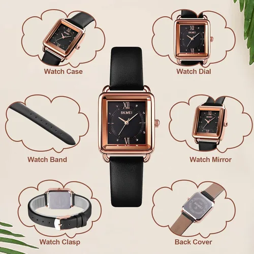 Vista 3 de SKMEI Reloj de mujer elegante reloj de pulsera rectangular de cuero para damas reloj analógico de cuarzo impermeable para mujer