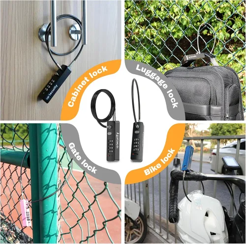 Vista 2 de Candado de cable de combinación de 4 dígitos para casco de bicicleta, scooter, motocicleta, antirrobo, cadena de cable de 11.8 pulgadas, bloqueo