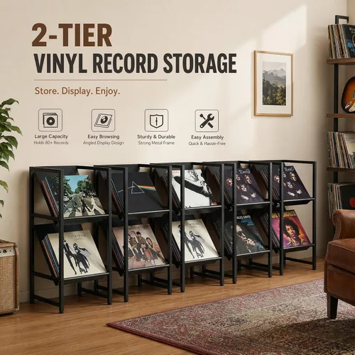 Vista 4 de Soporte de almacenamiento de discos de vinilo de metal negro de 2 niveles para colección Conceptual Design, Sturdy Black Metal Frame, 2-Tier